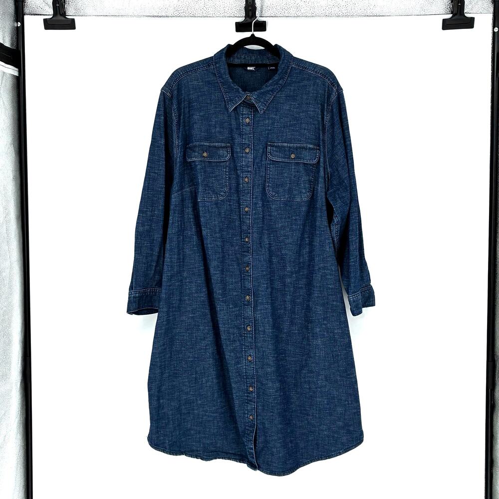 Women's Dark Blue Denim Long Sleeve Button Up Shirt Dress - Plus 2X